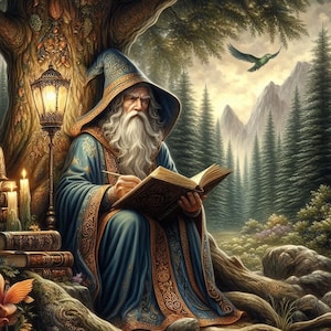 May include: A wizard with a long white beard sits under a tree, reading a book. He is wearing a blue robe with gold trim and a pointed hat. The scene is set in a forest with mountains in the background.