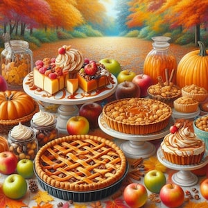 Può includere: Una tavola imbandita con una varietà di dessert autunnali, tra cui torta di zucca, torta di mele e cheesecake. La tavola è decorata con zucche, mele e foglie autunnali.