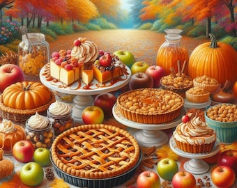Autumnal Desserts Cross Stitch Pattern, PDF Instant Download, Full Coverage, Fall Season Pumpkins Picnic Counted X Stitch Pattern