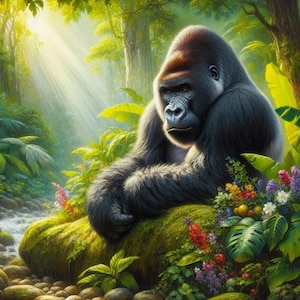 May include: A large, black gorilla sits on a mossy rock in a lush green jungle. Sunlight streams through the trees, illuminating the gorilla's fur and the surrounding foliage.