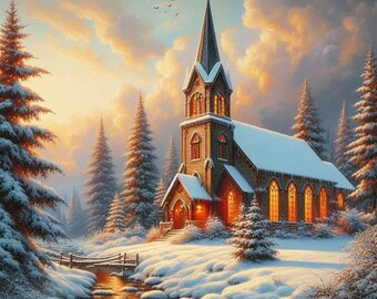 Church in Winter Cross Stitch Pattern, PDF Instant Download, Full Coverage, Snow Trees Christian Worship Religion Counted X Stitch Pattern