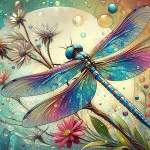 Peut inclure: Une libellule colorée aux ailes bleues, violettes et vertes est entourée de marguerites blanches et d'un fond bleu clair. La libellule a un corps long et fin et une paire de longues antennes fines.