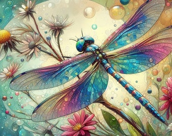Dragonfly Art Cross Stitch Pattern, PDF Instant Download, Full Coverage, Wings Flying Insect Counted X Stitch, DMC Thread Aida Zweigart