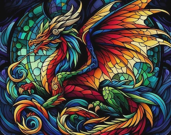 Dragon Glass Stained Window Cross Stitch Pattern, PDF Instant Download, Full Coverage, Counted X Stitch Pattern, Hand Embroidery Pattern