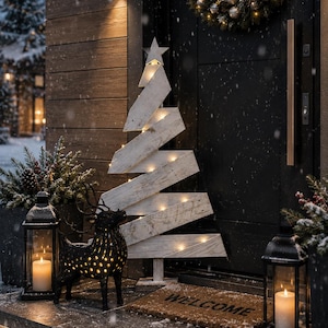 May include: A white wooden Christmas tree sculpture with a star topper and integrated warm string lights, positioned next to a black metal reindeer lantern, two black candle lanterns, and a brown welcome mat on a snowy porch.