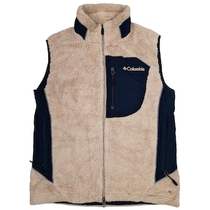 Vintage Y2K COLUMBIA Omni Bloc Small Embroidery Logo Beige & Blue Color Full Zip Windproof Fleece Vest With Pockets Adult Medium Size