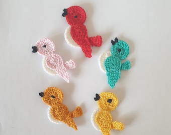 crochet birds appliques, multicolor birds applique,  sewing, birds motifs, animal appliques, yellow, red, blue, pink, brown crochet birds