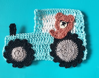 crochet tractor applique, tractor with bear, crochet animals applique, Patch, Crochet Applique, Crochet bear Applique, car applique