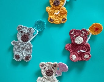 crochet applique, teddy bear with balloon crochet applique, animal applique, cardmaking, scrapbooking, appliques, handmade, sew on patches