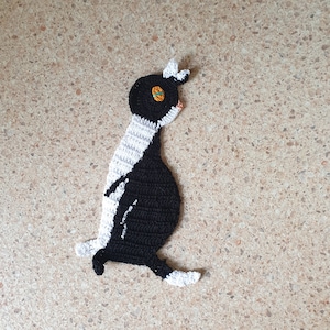 Puede incluir: Un pingüino de crochet negro y blanco con la barriga blanca y las alas negras. El pingüino tiene un pequeño botón naranja y verde para un ojo.