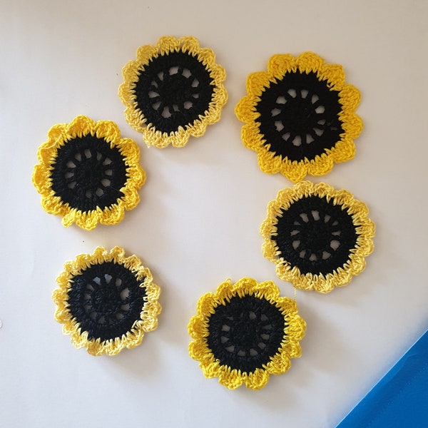 6pc  of  sunflower appliques, crochet flower applique, yellow flower applique, big flower, flower decorations, applique fleur au crochet