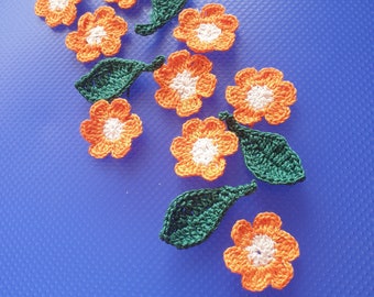 Crochet Flower Appliques: Yellow Cotton Flowers with Leaves, Set of 10