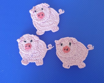 crochet pink pig applique, crochet farm animal applique, embellishments, sewing, pig motifs, animal appliques, pink crochet animal applique