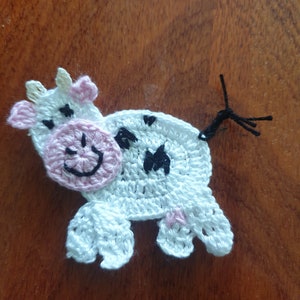 crochet cow applique, crochet farm animal applique, embellishments, sewing, cow motifs, animal appliques, pink crochet animal applique