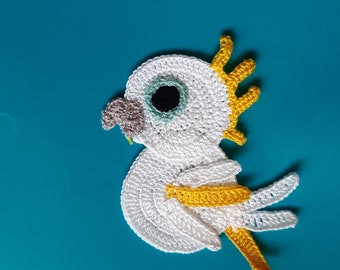 crochet bird applique, crochet parrot applique, embellishments, sewing, birds motifs, crochet animal appliques, white crochet birds