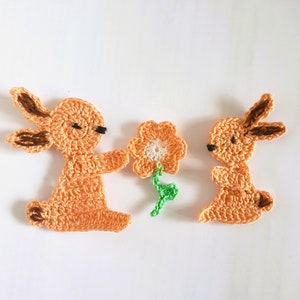 May include: Two crocheted orange bunnies with brown ears and black eyes. One bunny is holding a crocheted orange flower with a white centre and green stem.