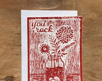 Linocut | Mason Jar + Flowers card