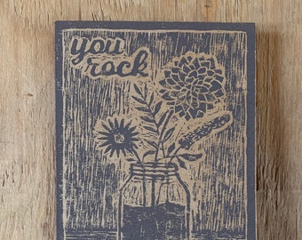 Linocut | Mason Jar + Flowers Card