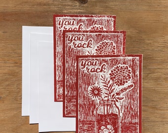 Linocut | Mason Jar + Flowers x3