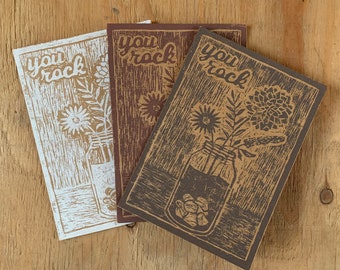 Linocut | Mason Jar + Flowers Card x3