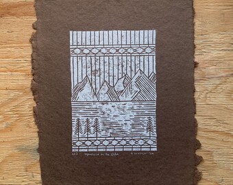 Mountains on the Lake | linocut blockprint