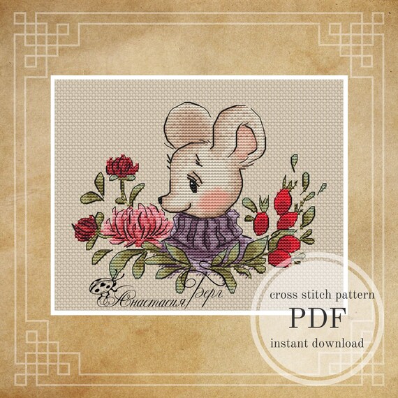 Mouse Cross Stitch Pattern PDF Instant Download Flower Cross | Etsy