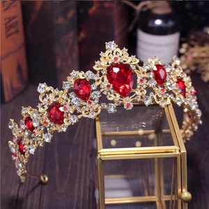 Red Crystal Wedding Tiara Vintage Gold Bridal Crown Stone Wedding Crown Crystal Girl Birthday Party Crown Wedding Photo Shoot Crown,stunning