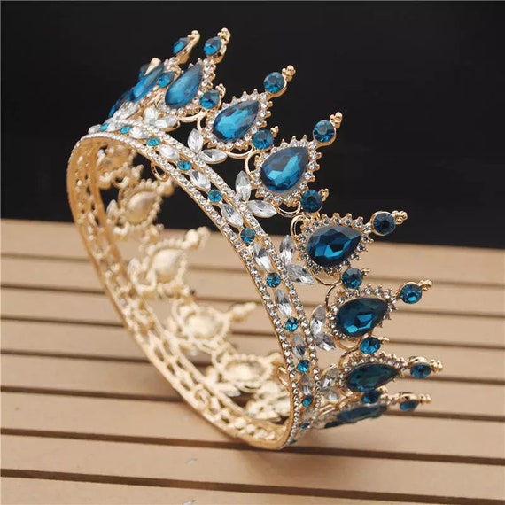 Blaue klassische Krone, Hochzeit Diadem, Prinzessin Krone, Gold