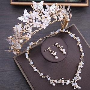 Luxury Crystal Beads Pearl Butterfly Costume Jewelry Sets Floral Rhinestone Choker Necklace Earrings Tiara Wedding Jewelry Set,butterfly