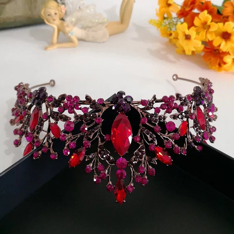 wedding Baroque Handmade Elegant Crystal Hair Crown Tiara Red Princess Rhinestone Hair Ornaments Hairband Prom Bride Wedding Accessories