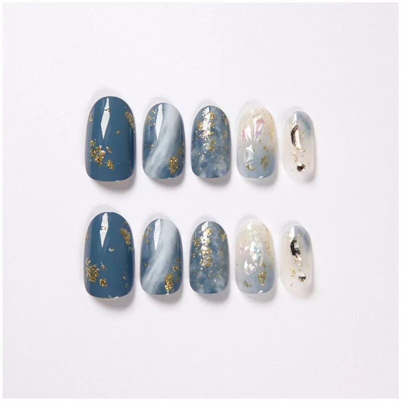 Press on nail almond nail nails Blue gray with Rhinestone | Etsy