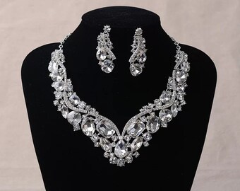 Luxury Rhinestone Wedding Jewelry Sets Earrings Geometric Crystal Statement Necklace Set for Bride African Bridal Jewelry Sets,jewelry set