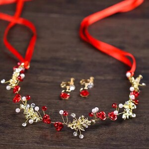 Bride Hair Accessories Red Flower Pearl Bridal Headband With Earrings Wedding Hair Jewelry Tiaras Women Gold Headpiece,bridesmaids gifts