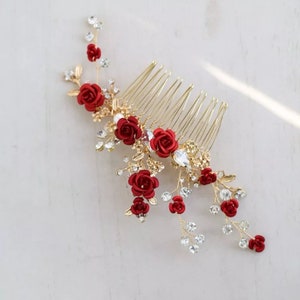 Red Rose Floral Headpiece For Women Prom Rhinestone Bridal Hair Comb Accessories Handmade Wedding Hair Jewelry,red haircomb,bridal Headpiece