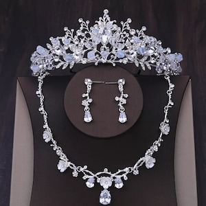 Baroque Handmade Crystal Beads Bridal Jewelry Sets Rhinestone Crown Tiara Necklace Earrings Wedding African Beads Jewelry Set,blue tiara