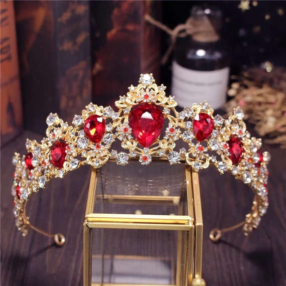 Red Crystal Wedding Tiara Vintage Gold Bridal Crown Stone Etsy