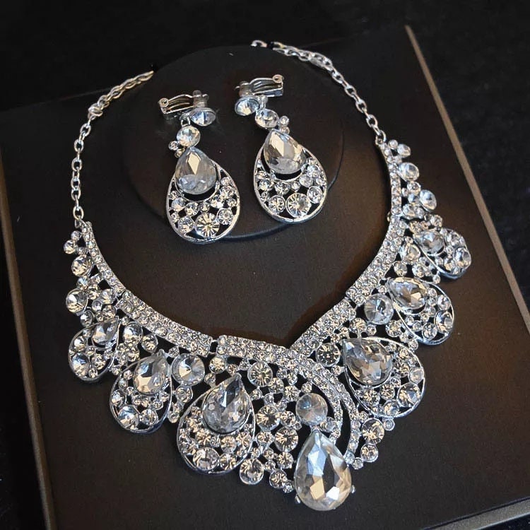 Luxury Big Rhinestone Bridal Jewelry Sets Silver Plated - Etsy