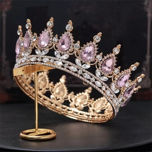 Tiara Baroque Crown Vintage Round Full Size Tiara Luxury Rhinestone Princess Birthday Wedding Pageant Party,pink crown, purple tiara wedding