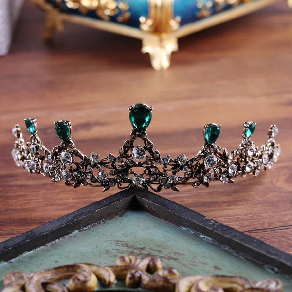 Gothic Wedding Crown Bridal Headband Emerald Bridal Hair Accessories Black Wedding Tiara Bridal Elegant Crown Emerald Birthday  Party  Crown
