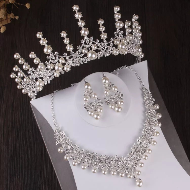 Pearl Flower Wedding Hair Tiara Crown Set Bridal Necklace Earring Jewelry Kit 