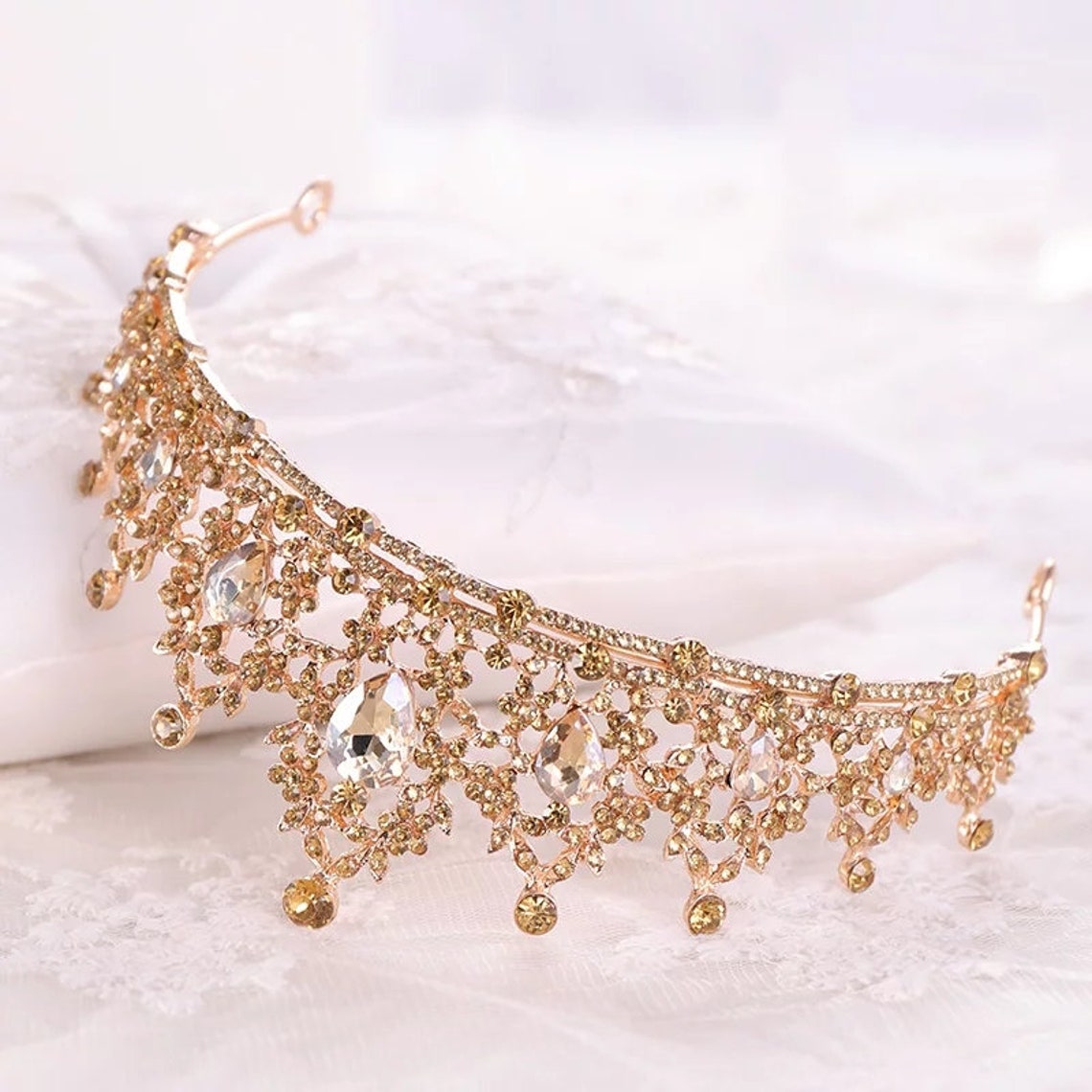 Baroque Gold Champagne Crystal Heart Bridal Tiaras Crown - Etsy