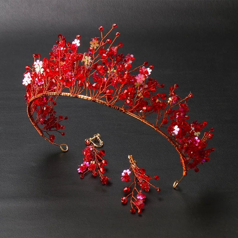 Red Crystal Crown Chinese-Style Wedding Headdress Handmade | Etsy