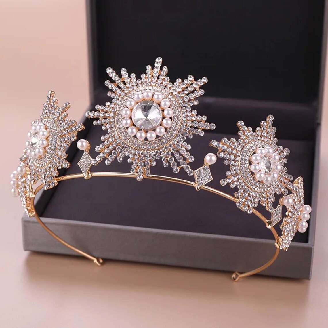 Gold Crystal Pearls Bridal Tiaras Crowns Rhinestone Pageant | Etsy