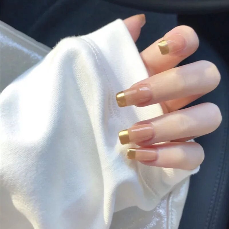 Gold French Square Head Fake Nails Press On Lasting Mid Length Etsy