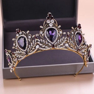 Retro Princess Diadem Purple Color Crystal Tiaras Crowns Headband Bride Noiva Wedding Party Hair Jewelry Headpieces, purple tiara crown