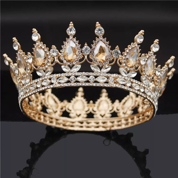 Corona redonda de oro, coronas nupciales, tiaras y coronas de cristal,  reina real, rey, diadema, novia, boda, joyería para el cabello, desfile