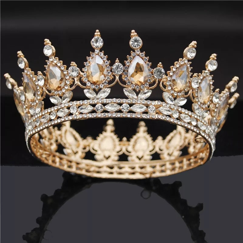 7cm High Clear Drip Crystal Beads Gold Large Crown Wedding Prom Party Pageant 