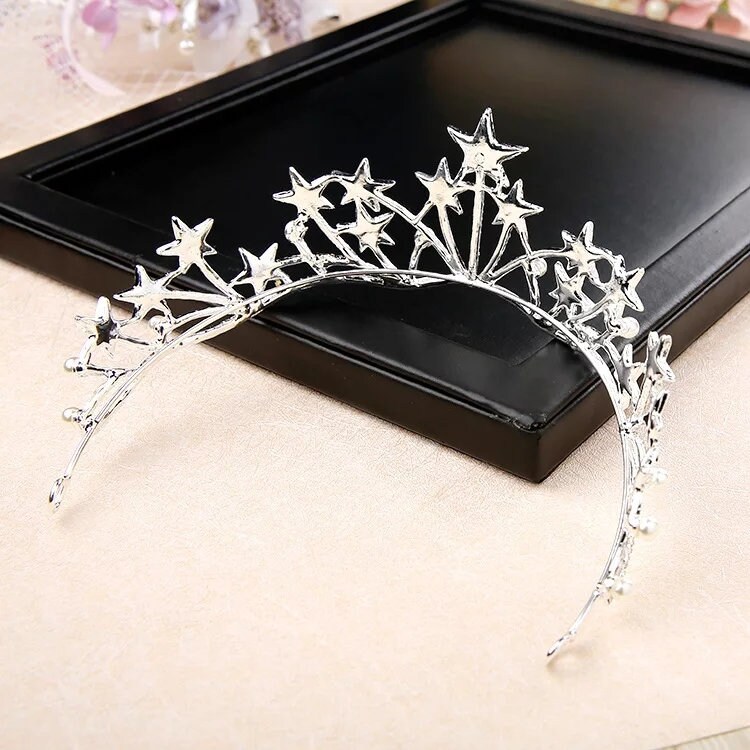 Luxury Silver Plated Crystal Star Pearls Bridal Tiaras Crown | Etsy