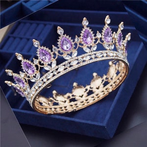 Purple crown round gold Wedding Tiara//White Crystal Bridal Crowns/Elegant Girl Birthday Party Crowns / Gold Photoshoot Crown//Wedding Decor