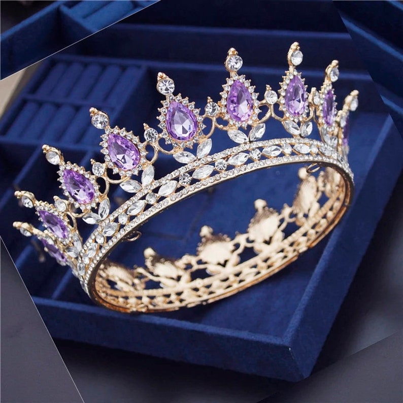 Purple Crown Round Gold Wedding Tiara//white Crystal Bridal Etsy